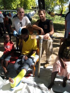 Team Rubicon's Clay Hunt building crutches for victims of the January 2010 earthquake in Haiti. 